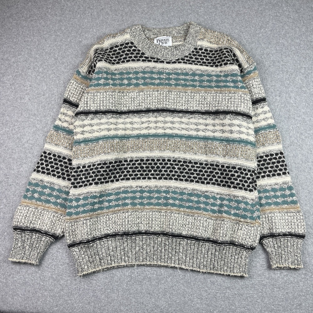 Vintage Private Club Sweater Men's Large Cotton Knit Crewneck Geometric USA Made